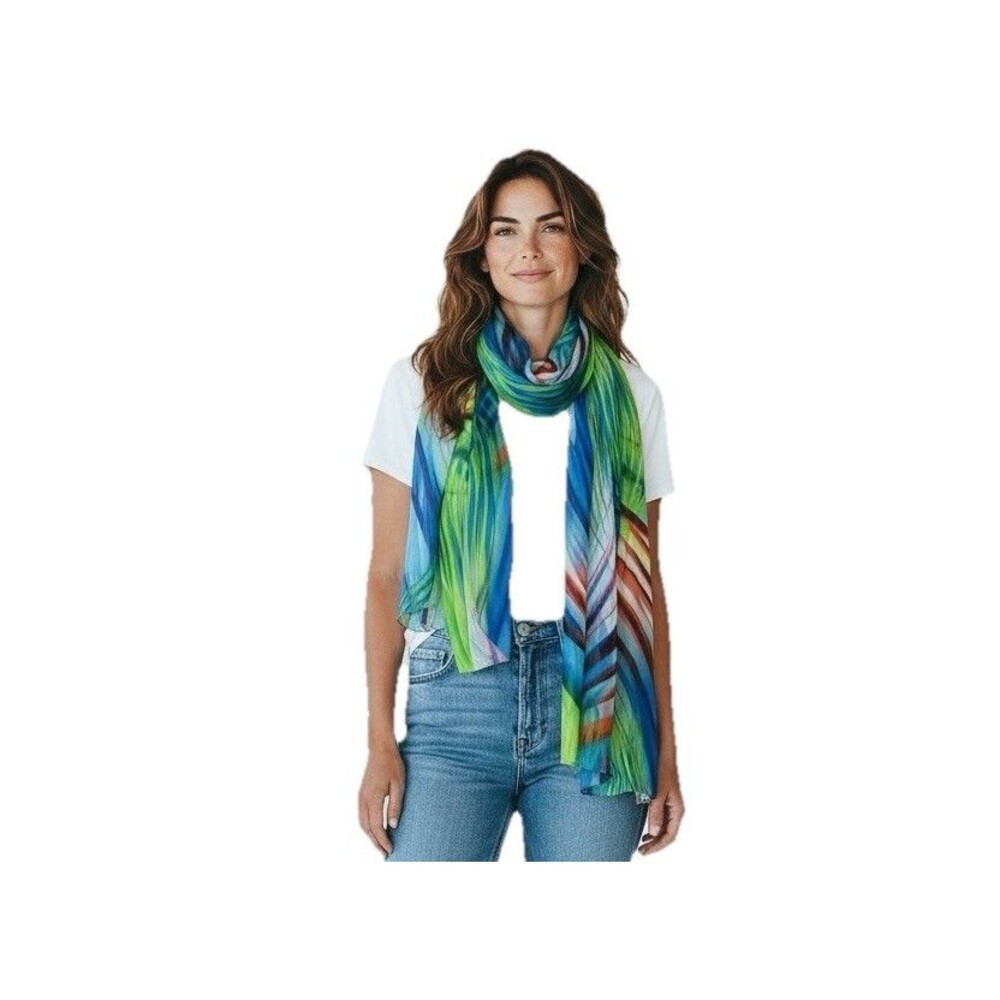 Chico’s Scarf Wrap Leaf Print 18"x70" Oblong Sheer Colorful Vibrant Art-To-Wear